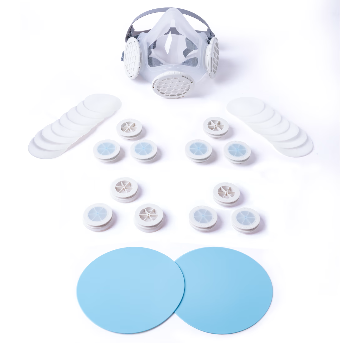 OmniMask Bundle #2 with all adapters, 15-pack of E100 filters, and free pressure-seal check pads.